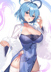 Rule 34 | 1girl, amano hagoromo, blue eyes, blue hair, breasts, china dress, chinese clothes, cleavage, dress, floral print, hagoromo, hair between eyes, hair rings, highres, kaku seiga, long sleeves, looking at viewer, open mouth, print dress, puffy long sleeves, puffy sleeves, shawl, solo, teeth, thighhighs, touhou, upper teeth only, white background, white thighhighs