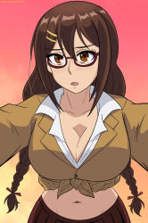 Rule 34 | 1girl, blush, braid, breasts, brown eyes, brown hair, cleavage, commentary, english commentary, glasses, gradient background, hair ornament, hairclip, highres, hug, ibispaint (medium), jacket, josephscrand, kyochuu rettou, long hair, looking at viewer, naruse chitose, navel, open mouth, pov, red-framed eyewear, school uniform, shirt, simple background, skirt, solo, tied jacket, tied shirt, twin braids, twitter username, upper body