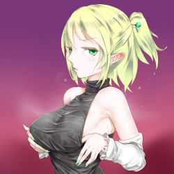 Rule 34 | 1girl, adjusting clothes, alternate hairstyle, arm warmers, armpits, bare shoulders, blonde hair, breasts, detached sleeves, grabbing own breast, green eyes, green nails, hair ornament, hairpin, highres, kuranosuke, lips, looking at viewer, medium breasts, mizuhashi parsee, nail polish, pointy ears, sideboob, sleeveless, sleeveless turtleneck, solo, touhou, turtleneck, wet, wet clothes