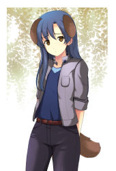 Rule 34 | 1girl, animal ears, arms behind back, bad id, bad pixiv id, belt, blue hair, brown eyes, dog ears, idolmaster, idolmaster (classic), kemonomimi mode, kisaragi chihaya, long hair, onion (lemlaml), open mouth, pants, revision, sleeves rolled up, solo, tail