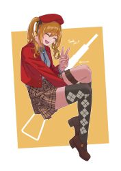 Rule 34 | 1girl, asymmetrical legwear, autumn-midwinter, beret, closed eyes, cropped jacket, girls&#039; frontline, hair between eyes, hat, highres, jacket, medium hair, open mouth, plaid, plaid skirt, pleated skirt, red hat, red jacket, shoes, sidelocks, skirt, smile, solo, sten mkii (girls&#039; frontline), thigh strap, thighhighs, twintails, two-tone background, v, white background, yellow background