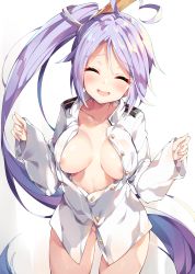 Rule 34 | 1girl, ^ ^, ahoge, azur lane, blouse, blush, bottomless, breasts, buttons, cleavage, closed eyes, collarbone, hair ornament, heart, heart ahoge, highres, large breasts, long hair, long sleeves, naked shirt, no bra, no panties, open clothes, open mouth, open shirt, portland (azur lane), shirt, side ponytail, simple background, smile, standing, unacchi (nyusankin), very long hair, white background, white shirt