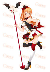 Rule 34 | 1girl, ad, bad link, black footwear, bow, brown thighhighs, chinese text, closed mouth, dress, english text, heart, hime cut, long hair, mascot, multicolored clothes, multicolored legwear, multicolored skirt, official art, orange eyes, orange hair, original, red bow, red skirt, skirt, thighhighs, translated, watermark, white background, white dress, white thighhighs