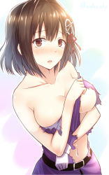 Rule 34 | 10s, 1girl, backlighting, belt, blush, breasts, brown eyes, brown hair, cleavage, collarbone, covering privates, covering breasts, dress, haguro (kancolle), hair ornament, kanden sky, kantai collection, navel, purple dress, solo, tears, torn clothes, torn dress