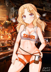 Rule 34 | 1girl, bare shoulders, blonde hair, blue eyes, blush, breasts, cleavage, collarbone, girls und panzer, hand on own hip, highres, hooters, indoors, kay (girls und panzer), large breasts, looking at viewer, megadeko, micro shorts, midriff, navel, orange shorts, parted lips, pen, photo background, shiny skin, shorts, smile, solo, standing, tank top, white tank top