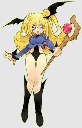 Rule 34 | 1girl, blonde hair, boots, breasts, dark magician girl, duel monster, female focus, fortune lady, green eyes, long hair, looking at viewer, misaka (missa), simple background, solo, wand, yu-gi-oh!, yuu-gi-ou, yu-gi-oh! duel monsters