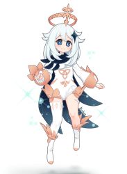 Rule 34 | 1girl, artist name, asymmetrical footwear, blue cape, blue eyes, blush, boots, bright pupils, cape, closed mouth, clothing cutout, constellation print, female focus, fingerless gloves, flat chest, floating hair, full body, genshin impact, gloves, grey hair, hair ornament, halo, hand up, happy, jumpsuit, kionant, long hair, long sleeves, looking at viewer, paimon (genshin impact), short jumpsuit, sidelocks, signature, simple background, single thigh boot, smile, solo, sparkle, split mouth, thigh boots, thighhighs, uneven footwear, white background, white footwear, white gloves, white jumpsuit, white pupils, white thighhighs