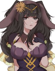 Rule 34 | 1girl, black eyes, black hair, breasts, cleavage, fire emblem, fire emblem awakening, gloves, hand on own chest, highres, large breasts, long hair, nintendo, serafineart1001, tharja (fire emblem), twintails, white background