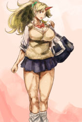 Rule 34 | 1girl, blonde hair, blouse, book bag, bow, bowtie, breasts, contemporary, horns, hoshiguma yuugi, large breasts, looking at viewer, loose socks, open mouth, pink background, ponytail, red bow, red bowtie, red eyes, school uniform, scrunchie, shirt, single horn, skirt, socks, solo, standing, touhou, white legwear, white shirt, yohane