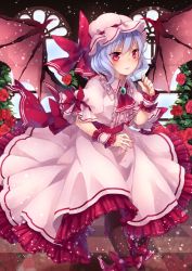 Rule 34 | 1girl, ankle ribbon, ascot, bat wings, black pantyhose, blue hair, blush, bow, brooch, center frills, checkered floor, dress, flower, frilled sleeves, frills, hat, hat ribbon, jewelry, leg ribbon, mob cap, pantyhose, puffy short sleeves, puffy sleeves, purple hair, red bow, red eyes, red flower, red rose, remilia scarlet, ribbon, rose, rose bush, short hair, short sleeves, slit pupils, smile, solo, touhou, toutenkou, window, wings, wrist cuffs