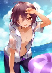Rule 34 | 1boy, beach, black hair, blush, center opening, day, hair between eyes, highres, innertube, jacket, looking at viewer, male focus, memo haco, ocean, one eye closed, open clothes, open jacket, open mouth, original, red eyes, short hair, shorts, solo, swim ring, unzipped