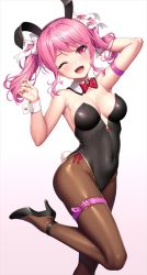 Rule 34 | 1girl, ;d, animal ears, ankle strap, arm strap, arm up, bang dream!, bare shoulders, belt, black footwear, black hairband, black leotard, blush, bow, bowtie, breasts, brown pantyhose, cleavage, commentary, covered navel, detached collar, fake animal ears, fake tail, foot out of frame, gradient background, hair bow, hairband, hand in own hair, hand up, head tilt, heart, high heels, lambda (kusowarota), leg belt, leg up, leotard, looking at viewer, maruyama aya, medium breasts, medium hair, one eye closed, open mouth, pantyhose, pink background, pink belt, pink eyes, pink hair, playboy bunny, rabbit ears, rabbit tail, red bow, red bowtie, shoes, sidelocks, smile, solo, standing, standing on one leg, strapless, strapless leotard, tail, thigh strap, traditional bowtie, twintails, white background, white bow, wrist cuffs