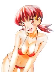 Rule 34 | 1girl, :d, bad id, bad pixiv id, bikini, blush, breasts, cleavage, collarbone, commentary request, cowboy shot, creatures (company), eyelashes, game freak, hair ornament, hairclip, looking at viewer, navel, nintendo, open mouth, pokemon, pokemon hgss, red bikini, red eyes, red hair, rowdon, simple background, smile, solo, swimsuit, teeth, tongue, twintails, upper teeth only, white background, whitney (pokemon)