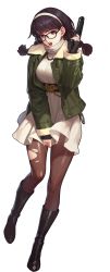 Rule 34 | 1girl, absurdres, black-framed eyewear, black footwear, black survival, blush, boots, braid, brown pantyhose, dress, dress tug, full body, glasses, gun, hairband, handgun, highres, jacket, jewelry, long hair, necklace, official art, one touch, open clothes, open jacket, open mouth, pantyhose, pearl necklace, purple eyes, sash, sleeves past wrists, solo, suzuki aya (black survival), torn clothes, torn pantyhose, transparent background, turtleneck, twin braids, weapon, white dress