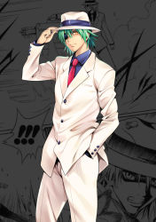 Rule 34 | 1boy, black cat (series), black shirt, commentary request, eyepatch, formal, green hair, happy, hat, looking at viewer, necktie, paneled background, red necktie, shirt, short hair, smile, solo, standing, suit, sven vollfied, yabuki kentarou
