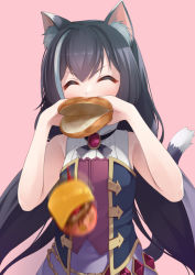 Rule 34 | 1girl, ^ ^, animal ear fluff, animal ears, black hair, burger, burger malfunction, cat ears, cat girl, cat tail, closed eyes, commentary request, eating, failure, food, holding, holding food, karyl (princess connect!), long hair, low twintails, mofu namako, motion blur, multicolored hair, pink background, princess connect!, simple background, sleeveless, solo, streaked hair, tail, tomato, tomato slice, twintails, very long hair, white hair