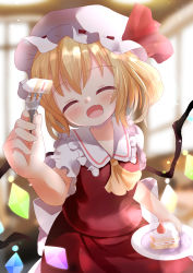 Rule 34 | 1girl, ascot, blonde hair, blurry, blurry background, blush, breasts, cake, closed eyes, collarbone, cowboy shot, facing viewer, fang, flandre scarlet, food, fork, frilled shirt collar, frills, fruit, hat, hat ribbon, head tilt, holding, holding fork, holding plate, medium hair, mob cap, open mouth, plate, red ribbon, red skirt, red vest, ribbon, ribbon-trimmed headwear, ribbon trim, shirt, skirt, skirt set, small breasts, solo, strawberry, strawberry shortcake, touhou, umi suzume, vest, white hat, white shirt, wings, yellow ascot