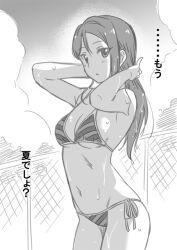 Rule 34 | ..., 1girl, ?, arms up, bare arms, bare legs, bare shoulders, bikini, blush, breasts, cloud, collarbone, commentary, fence, greyscale, hand in own hair, long hair, looking at viewer, love live!, love live! sunshine!!, marugoshi teppei, medium breasts, monochrome, navel, parted lips, sakurauchi riko, sideboob, sky, solo, stomach, striped bikini, striped clothes, summer, swimsuit, translated, tree, underboob, water, wet, wet hair