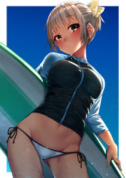Rule 34 | 1girl, bikini, bikini bridge, blue background, blush, border, breasts, brown eyes, brown hair, commentary request, contrapposto, cowboy shot, dutch angle, expressionless, from below, gluteal fold, groin, groin tendon, hair ribbon, highres, holding, holding behind back, holding surfboard, looking at viewer, medium breasts, navel, original, outside border, rash guard, rerrere, ribbon, short hair, side-tie bikini bottom, solo, standing, surfboard, swimsuit, wet, white bikini, white border, yellow ribbon