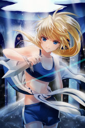 Rule 34 | 1girl, armpits, bare shoulders, blonde hair, blue eyes, clenched teeth, clothes around waist, collarbone, dagger, gym shorts, holding, jacket, jacket around waist, knife, lowres, midriff, navel, odien (sword girls), open mouth, ponytail, reum, shorts, snow, solo, sports bra, sword girls, teeth, track jacket, weapon