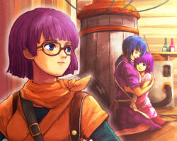 Rule 34 | 2girls, apron, chrono trigger, glasses, hug, lucca ashtear, mother and daughter, motherly, multiple girls, orange scarf, orange tunic, purple hair, scarf, scene reference, short hair, spoilers, tears, tommy0117