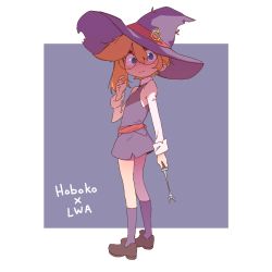 Rule 34 | 1girl, blush, collared shirt, cosplay, glasses, hat, highres, hoboko, holding, holding wand, kneehighs, little witch academia, loafers, long sleeves, looking at viewer, luna nova school uniform, orange hair, orenji (wholesomeorenji), original, purple background, round eyewear, school uniform, shirt, shoes, short hair, skirt, socks, standing, torn clothes, two-tone background, wand, white background, white shirt, witch, witch hat