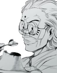 Rule 34 | 1boy, battle angel alita, collared shirt, desty nova, facial mark, food, forehead mark, from side, goggles, greyscale, hair behind ear, highres, holding, holding plate, ishiyumi, monochrome, plate, portrait, pudding, science fiction, shirt, smile, solo, white background
