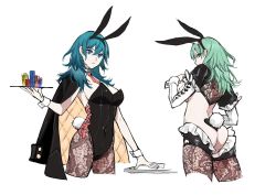 Rule 34 | 1girl, animal ears, aqua hair, ass, breasts, byleth (female) (fire emblem), byleth (fire emblem), cleavage, clovisxvii, cropped legs, fake animal ears, fire emblem, fire emblem: three houses, green hair, highres, jacket, jacket on shoulders, leotard, looking at viewer, meme attire, nintendo, pantyhose, playboy bunny, rabbit ears, rabbit tail, reverse bunnysuit, reverse outfit, shrug (clothing), tail, thighhighs, tray