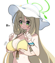 Rule 34 | 1girl, bikini, blonde hair, blue archive, blush, bracelet, breasts, cleavage, disembodied hand, grabbing, grabbing another&#039;s breast, green eyes, halo, hat, highres, jewelry, large breasts, long hair, mei mu, nonomi (blue archive), nonomi (swimsuit) (blue archive), parted lips, simple background, sun hat, sweat, swimsuit, upper body, very long hair, white background, white headwear, yellow bikini