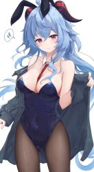 Rule 34 | 1girl, absurdres, ahoge, animal ears, black pantyhose, blue hair, blue leotard, blush, breasts, commentary request, covered navel, detached collar, fake animal ears, flying sweatdrops, ganyu (genshin impact), genshin impact, goat horns, grey jacket, highres, horns, jacket, leotard, long hair, long sleeves, medium breasts, necktie, open clothes, open jacket, pantyhose, playboy bunny, purple eyes, rabbit ears, red necktie, simple background, solo, spoken flying sweatdrops, strapless, strapless leotard, tu (to sse), very long hair, wavy hair, white background