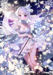 Rule 34 | 1girl, apple caramel, bare shoulders, breasts, bug, butterfly, cleavage, collarbone, commentary request, crown, detached collar, dress, highres, holding, holding staff, insect, large breasts, long hair, looking at viewer, magic, moon, official art, original, purple eyes, solo, staff, white dress, white hair