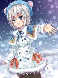 Rule 34 | .live, 1girl, :d, animal ears, animal hat, antenna hair, bad id, bad pixiv id, beret, black pantyhose, blue capelet, blue eyes, blue hat, blue ribbon, blush, capelet, cat ears, cat hat, coat, commentary request, dennou shoujo siro, fur-trimmed capelet, fur-trimmed coat, fur-trimmed sleeves, fur trim, hair between eyes, hair ornament, hat, open mouth, pantyhose, pom pom (clothes), ribbon, shikino (sikinonono), short hair, silver hair, smile, solo, virtual youtuber, white coat, x hair ornament
