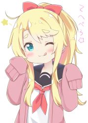 Rule 34 | 1girl, ;3, absurdres, black sailor collar, blonde hair, blouse, blush, bow, child, commentary request, esureki, green eyes, hair bow, highres, himesaka noa, jacket, looking at viewer, neckerchief, one eye closed, open clothes, open jacket, pink jacket, red bow, red neckerchief, sailor collar, school uniform, shirt, simple background, sleeves past wrists, smile, solo, standing, tongue, tongue out, translation request, upper body, watashi ni tenshi ga maiorita!, white background, white shirt