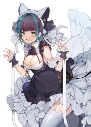 Rule 34 | 1girl, :d, azur lane, bare shoulders, bell, black hair, breasts, cheshire (azur lane), cleavage, dress, fang, frilled dress, frills, green eyes, hair dye, large breasts, maid, maid headdress, open mouth, puchipu, short hair, simple background, smile, thighhighs, white background, zettai ryouiki