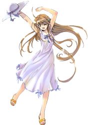 Rule 34 | 1girl, ahoge, arms up, brown hair, dress, full body, hair ornament, hairclip, hat, long hair, one eye closed, sandals, simple background, solo, sundress, white background, white dress, wink