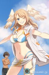 Rule 34 | 1boy, 1girl, bikini, blue sky, borrowed clothes, breast tattoo, breasts, brown hair, chest jewel, cleavage, crossed arms, dark-skinned male, dark skin, eunie (xenoblade), glasses, head wings, highres, large breasts, medium breasts, official alternate costume, one eye closed, outstretched arms, sky, sleeveless, sleeveless jacket, smile, swimsuit, taion (xenoblade), tattoo, topless male, uzumaki (skydirt), wings, xenoblade chronicles (series), xenoblade chronicles 3