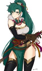 Rule 34 | 1girl, absurdres, alternate costume, breasts, dress, fire emblem, fire emblem: the blazing blade, fire emblem cipher, green eyes, green hair, high ponytail, highres, jewelry, large breasts, long hair, looking at viewer, lyn (fire emblem), nintendo, ormille, ponytail, simple background, solo, thighhighs, very long hair, white background