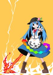 Rule 34 | 1girl, asameshi, black hat, blue hair, blue skirt, blush stickers, boots, bow, bowtie, brown footwear, cross-laced footwear, flaming sword, flaming weapon, food, fruit, full body, hat, hat ornament, hinanawi tenshi, holding, holding sword, holding weapon, long hair, looking at viewer, open mouth, outstretched arm, peach, red bow, red bowtie, red eyes, shide, shirt, skirt, smile, solo, sword, sword of hisou, touhou, weapon, white shirt