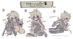 Rule 34 | 1boy, puff of air, apron, blush, bowl, closed mouth, cooking, cutting board, english text, fire, food, genshin impact, greyscale, hair between eyes, highres, holding, knife, long hair, male focus, monochrome, multiple views, open mouth, paw print, puppy-paw hash brown (genshin impact), razor (genshin impact), scar, scar on arm, scar on face, simple background, sweat, translation request, twitter username, u0rei