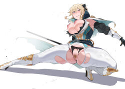 Rule 34 | 1girl, battle, black panties, black sleeves, blonde hair, blue eyes, boots, breasts, censored, commentary, detached sleeves, english commentary, female pubic hair, fighting stance, full body, gauntlets, genshin impact, hair between eyes, high heel boots, high heels, highres, holding, holding sword, holding weapon, injury, jean (genshin impact), jean (gunnhildr&#039;s legacy) (genshin impact), knee boots, large breasts, long hair, mosaic censoring, nipples, okpriko, outstretched leg, panties, pants, ponytail, pubic hair, pussy, shirt, solo, sword, thighs, torn clothes, torn panties, torn pants, torn shirt, underwear, weapon, white background, white footwear, white pants
