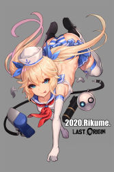 Rule 34 | 1girl, :p, artist name, ass, back, bad id, bad pixiv id, blonde hair, blue eyes, blue sailor collar, blue skirt, copyright name, elbow gloves, full body, gloves, grey background, hair between eyes, hat, last origin, long hair, looking at viewer, neckerchief, panties, pleated skirt, red neckerchief, rikume, sailor collar, sailor hat, school uniform, serafuku, simple background, skirt, smile, solo, striped clothes, striped panties, thetis (last origin), thighhighs, tongue, tongue out, twintails, underwear, white gloves, white thighhighs