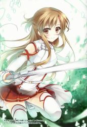 Rule 34 | 10s, 1girl, absurdres, armor, asuna (sao), breastplate, brown eyes, brown hair, commentary, detached sleeves, highres, solo, sousouman, sword, sword art online, thighhighs, weapon, white thighhighs