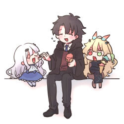 Rule 34 | 1boy, 2girls, black hair, blonde hair, closed eyes, dress, eating, barghest (fate), melusine (fate), fate/grand order, fate (series), food, formal, fujimaru ritsuka (male), green eyes, highres, holding, holding food, hood, hoodie, ice cream, long hair, looking at another, multicolored eyes, multiple girls, necktie, open mouth, red eyes, shigure (ffrh7824), shirt, short hair, sitting, smile, suit, white hair