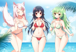 3girls, animal ears, armpits, bare arms, bare shoulders, beach, bikini, black hair, blurry, boku no kanojo wa ningyohime!?, breasts, character request, cleavage, closed mouth, collarbone, day, depth of field, eyes closed, floppy ears, fox ears, fox girl, fox tail, gluteal fold, gradient hair, green bikini, green eyes, green hair, groin, halter top, halterneck, hands on own chest, hands up, highres, koma ion, large breasts, leaning forward, long hair, looking at viewer, mauve, multicolored hair, multiple girls, nail polish, ocean, outdoors, palm leaf, pink hair, ponytail, red bikini, red eyes, side-tie bikini, smile, standing, stomach, string bikini, striped, striped bikini, sunlight, swimsuit, tail, tail raised, talesshop, thigh gap, thighs, white bikini