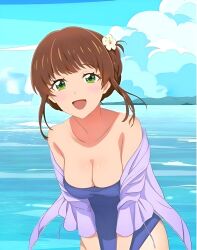 Rule 34 | 1girl, beach, bikini, breasts, brown hair, fuufu ijou koibito miman., green eyes, highres, large breasts, official art, one-piece swimsuit, sakurazaka shiori, smile, swimsuit