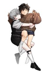 Rule 34 | 1blgs, 2boys, aged down, bite mark on face, black footwear, black shorts, black sweater, blue shorts, brown hoodie, child, closed eyes, collared shirt, highres, hood, hoodie, hug, ilay riegrow, jeong taeui, long sleeves, looking at another, male focus, multiple boys, parted lips, passion (manhwa), shirt, short hair, short sleeves, shorts, simple background, sleeping, socks, sweater, sweater vest, teeth, twitter username, white background, white shirt, white socks