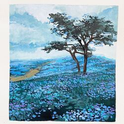 Rule 34 | blue flower, blue sky, day, field, flower, flower field, grass, leaf, mimoth, no humans, original, painting (medium), path, plant, road, scenery, sky, traditional media, tree