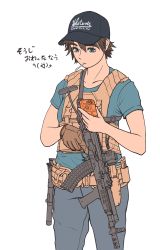 Rule 34 | 1girl, amd-65, assault rifle, baseball cap, blue eyes, brown hair, candy, cellphone, food, gloves, gun, hat, highres, holding, holding gun, holding weapon, kzm (sub-moa works), load bearing vest, lollipop, original, phone, rifle, short hair, single glove, smartphone, solo, translated, trigger discipline, weapon, white background