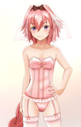 Rule 34 | 1boy, absurdres, astolfo (fate), bare arms, bare shoulders, black bow, bow, braid, choker, collarbone, commentary, corset, cowboy shot, fang, fate/apocrypha, fate/grand order, fate (series), hair between eyes, hair intakes, highres, long braid, long hair, looking at viewer, male focus, multicolored hair, open mouth, pink bow, pink choker, pink hair, pink thighhighs, polk, purple eyes, single braid, skin fang, smile, solo, streaked hair, thighhighs, trap, veil, white hair