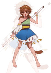 Rule 34 | 1girl, absurdres, barefoot, blue dress, blush, brown eyes, brown hair, circlet, collarbone, detached sleeves, dress, fang, full body, green dress, highres, iwakoo, long hair, looking at viewer, low twintails, monkey tail, multicolored clothes, multicolored dress, multiple views, open mouth, simple background, single-shoulder dress, single detached sleeve, smile, son biten, straight-on, tail, test tube, touhou, twintails, unfinished dream of all living ghost, white background, white sleeves, yellow dress, zoom layer